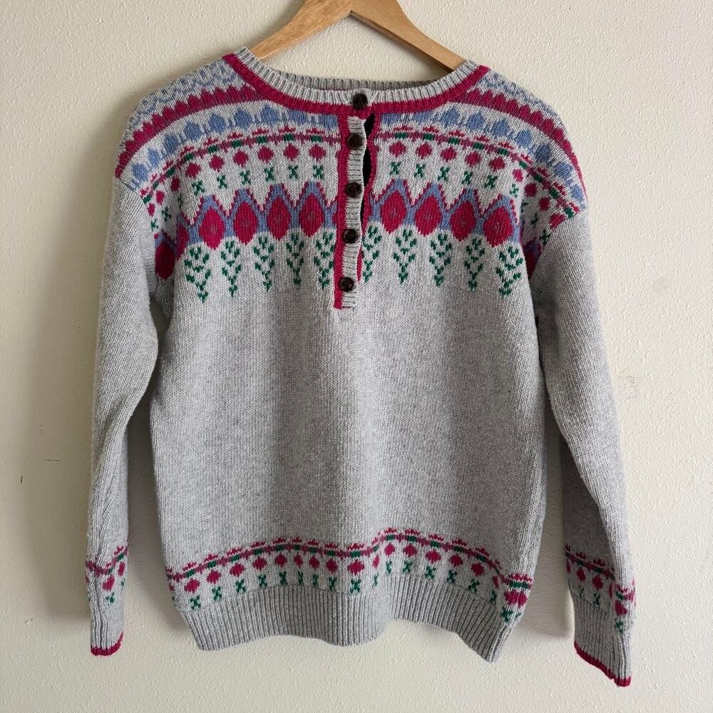 Noracora Floral Fair Isle Sweater M Pink Gray Nordic Folk Henley